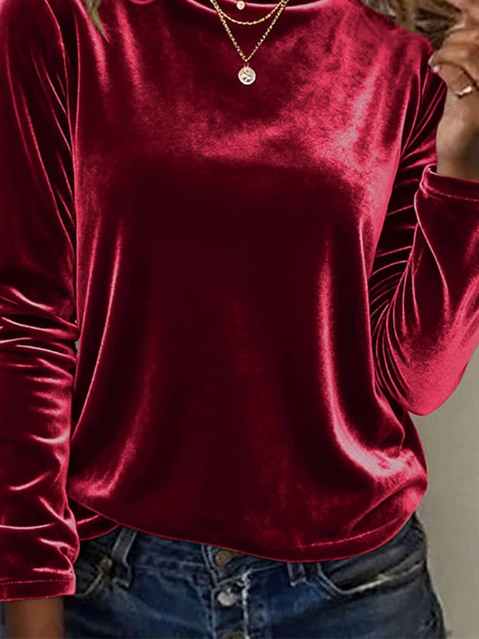 Women's high-neck Christmas velvet T-shirt