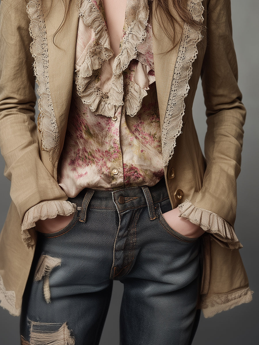 Bohemian Style Cotton And Linen Lapel Blazer With Lace Trim