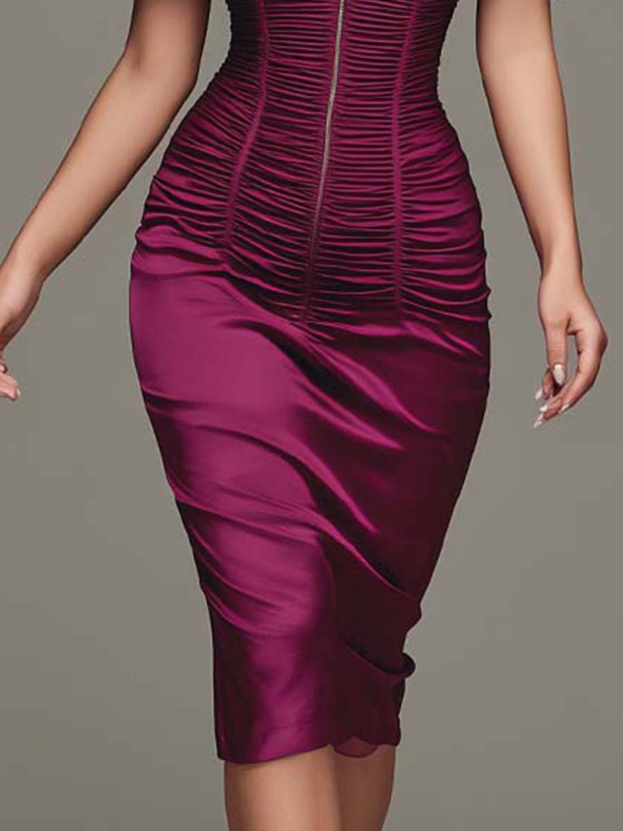 Rose Pink Elegant Satin Pleated Mesh Midi Dress