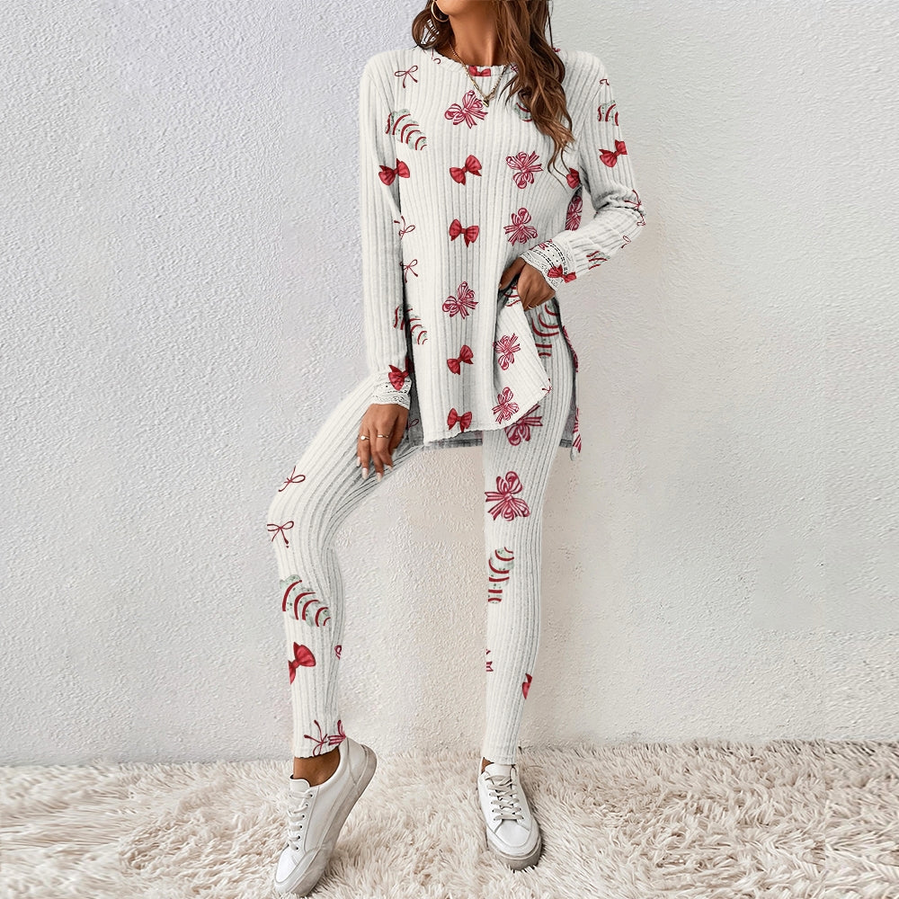 Women's Christmas Tree Bow Polka Dot Printed Homewear Set