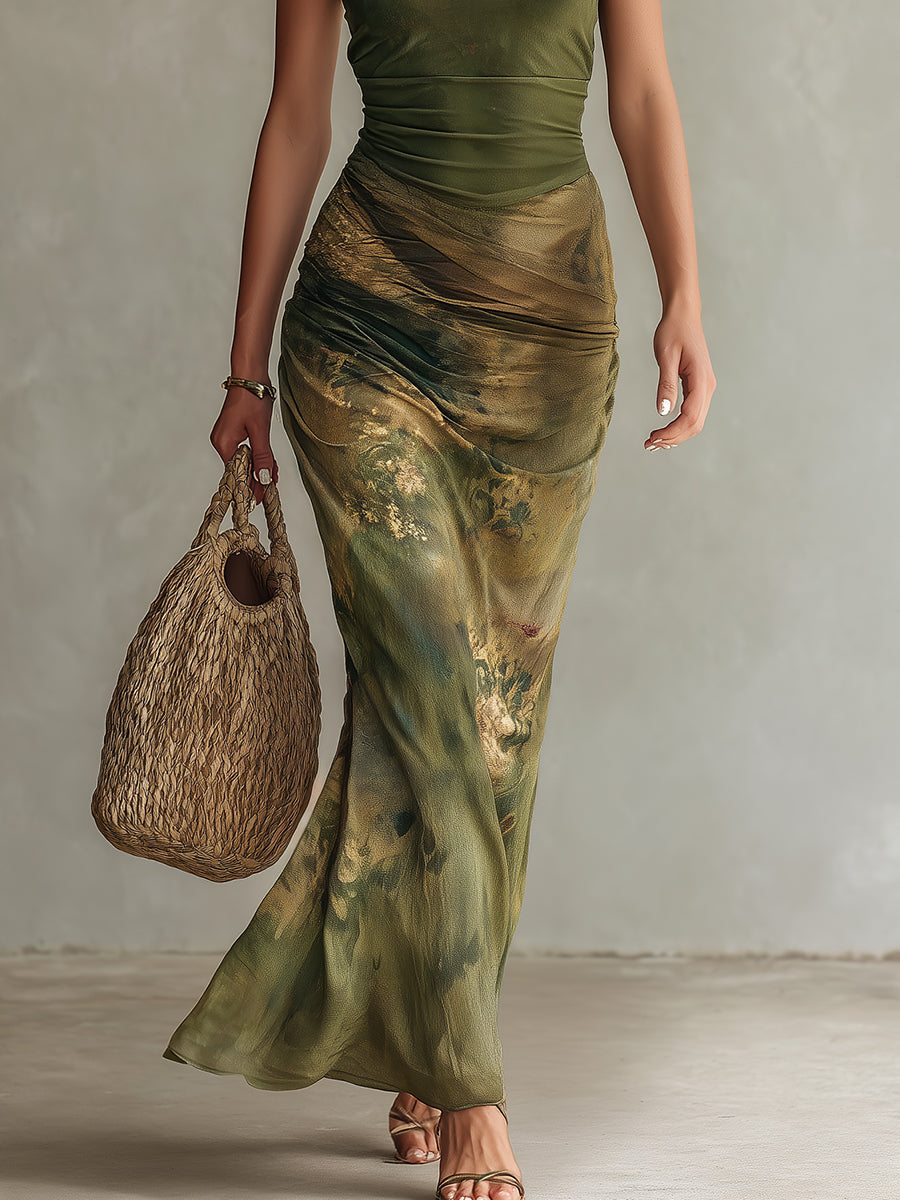 Retro Keyhole-Neck Oil Painting Print Maxi Dress
