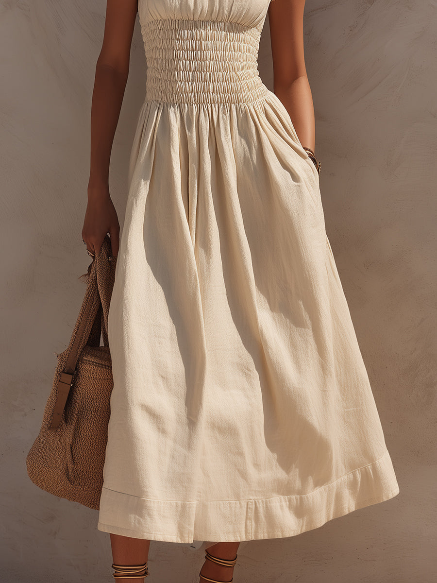 Classic Cotton-Linen Smocked Midi Dress With Side Pockets