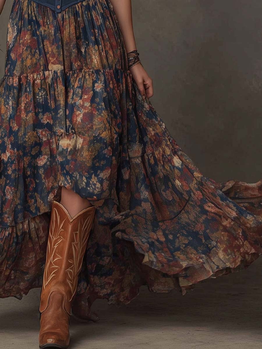 Retro Polyester Suede Oil-Painting Style Floral Print Maxi Dress