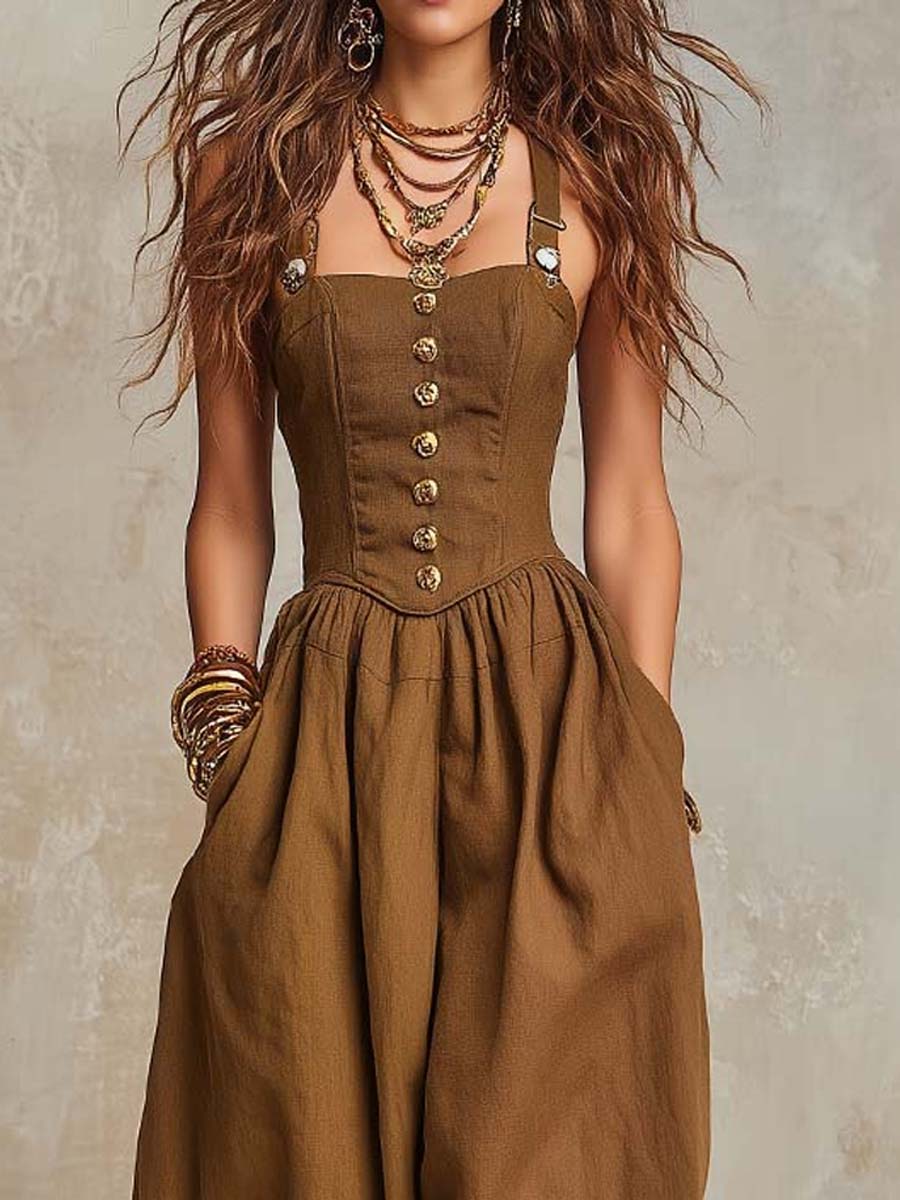 Bohemian Cotton-Linen Corset Balloon-Leg Jumpsuit