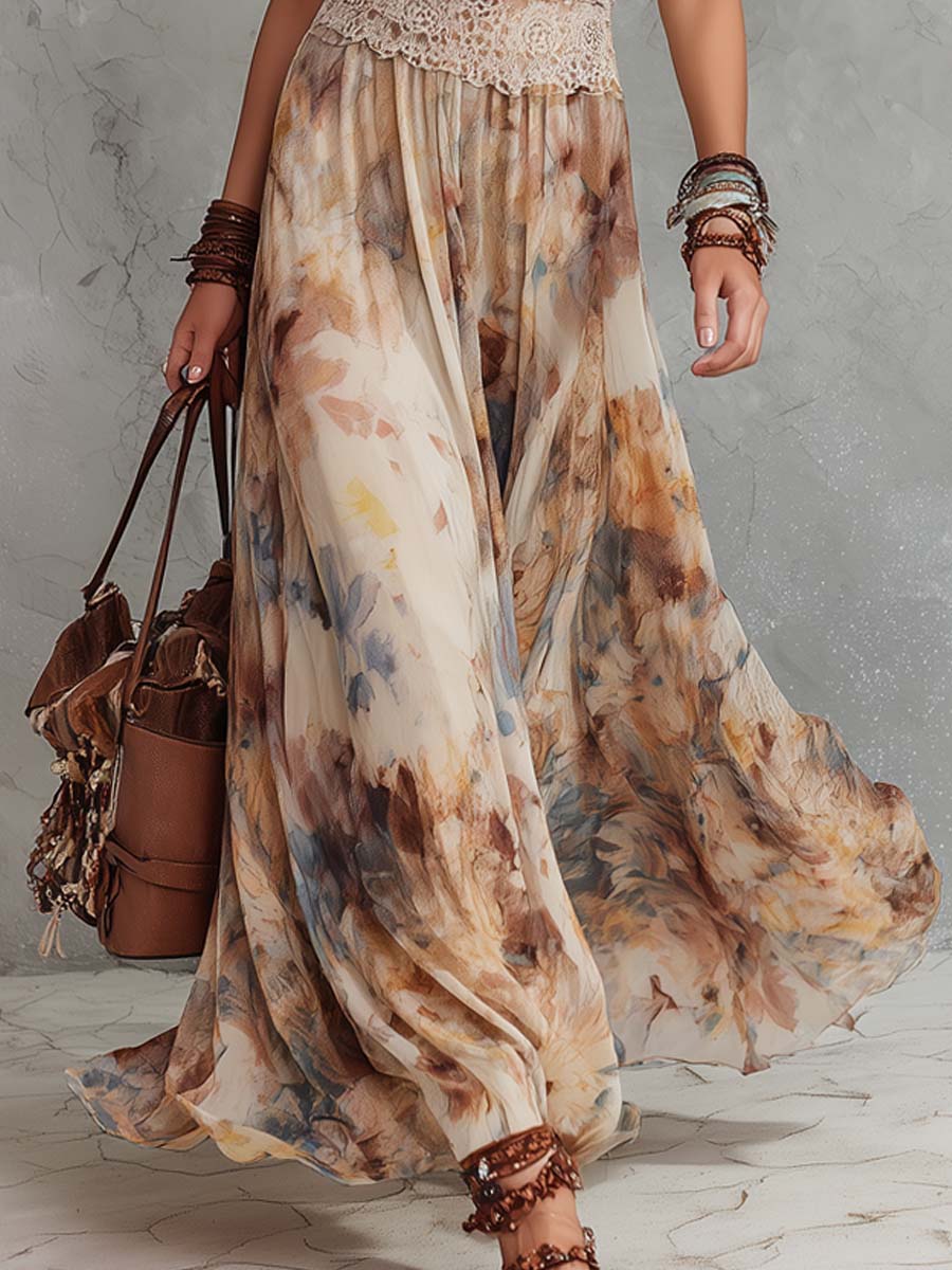 Vintage Oil Painting-Style Print Lace Trim Maxi Dress