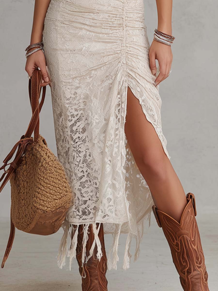 Boho Vintage Halter-Neck Lace Tasseled Hem Midi Dress