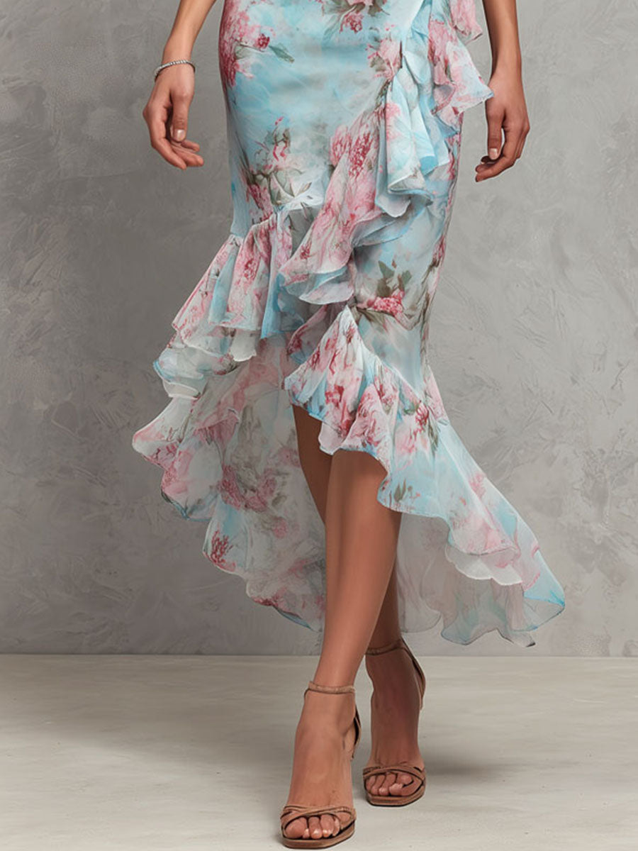 Boho Sky Blue Ruffled Floral High-Low Midi Dress