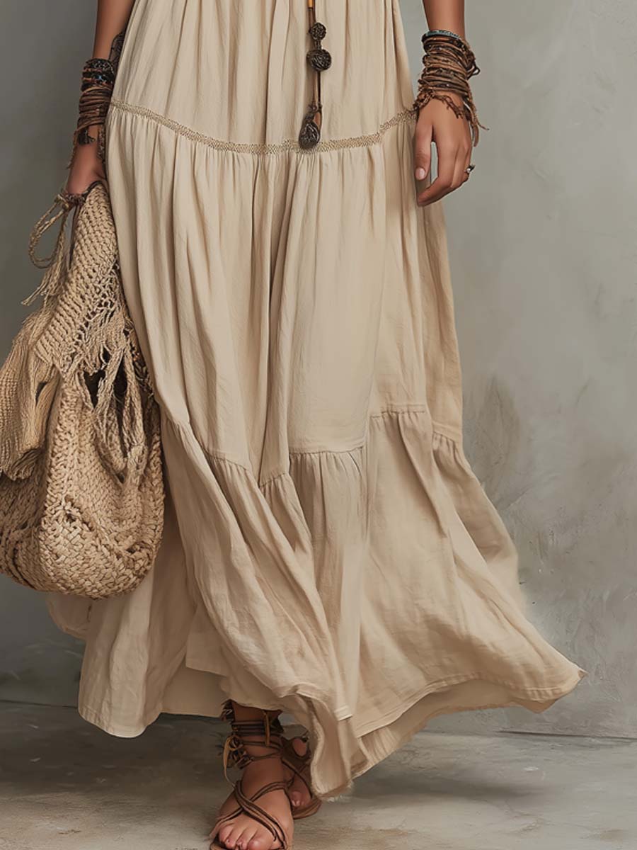 Retro Halter-Neck Contrast Lace Cotton-Linen Maxi Dress