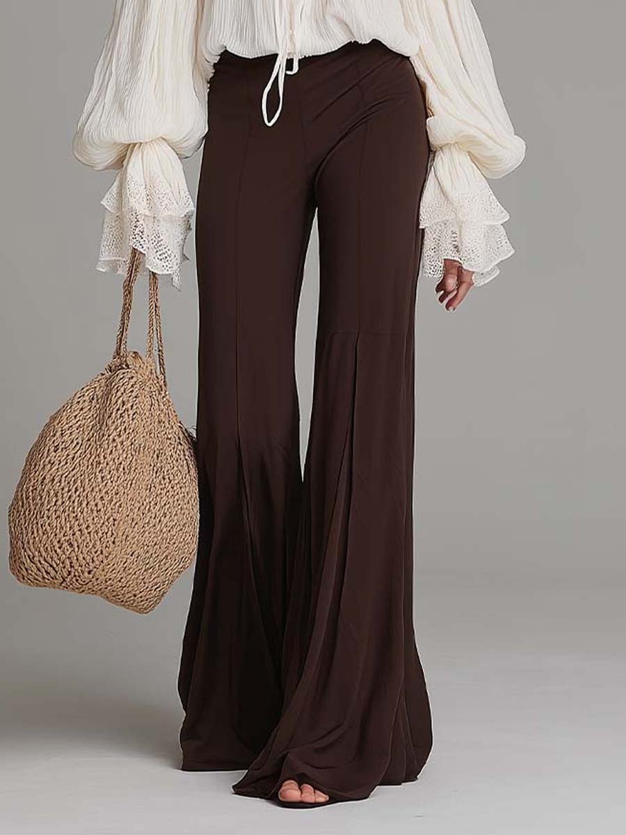 Bohemian Cotton-Textured Ruffle Blouse And Ice Silk Flare Pants Set