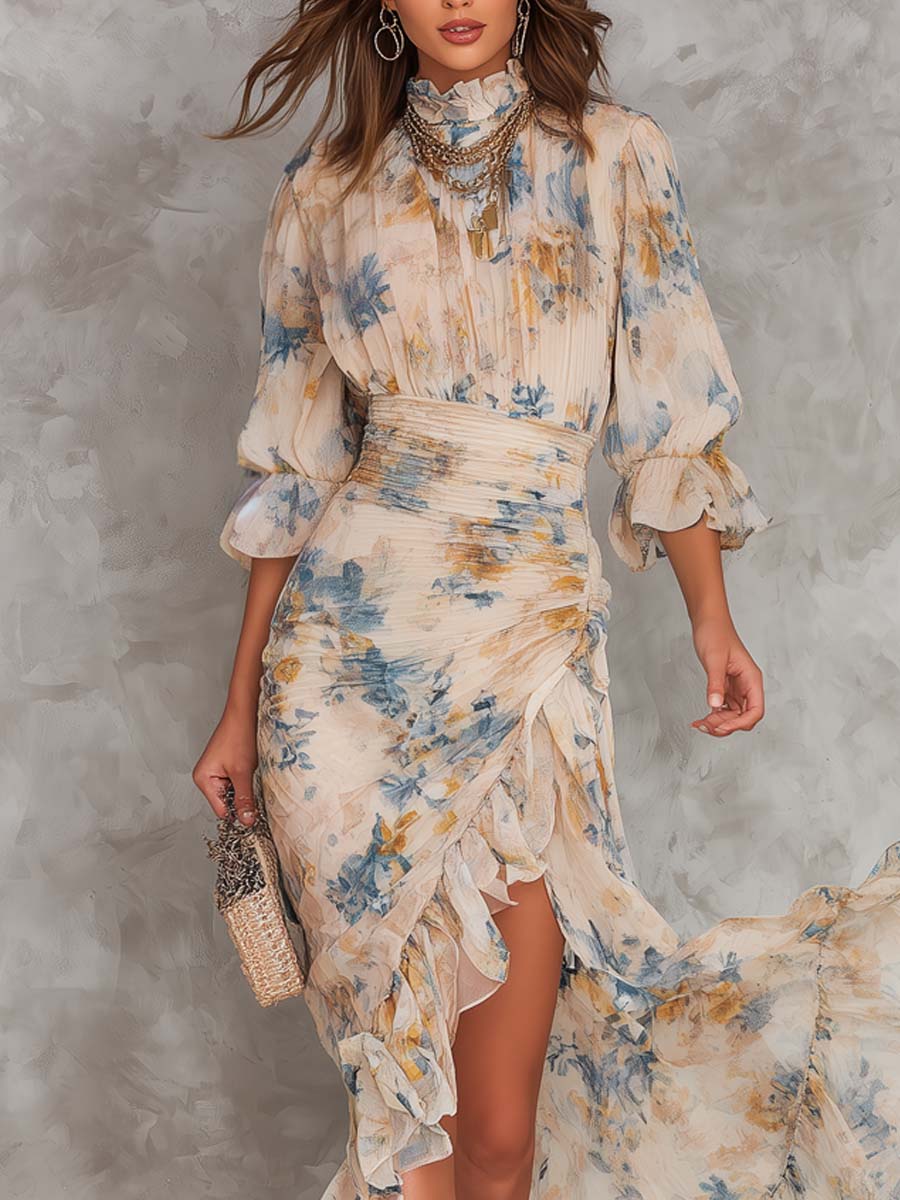 Vintage Oil-Painting Style Floral Ruffled Ruched Maxi Dress