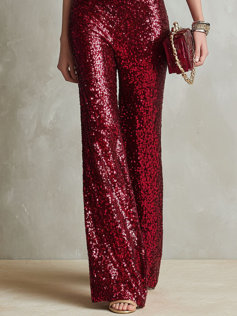 Retro Red Sequin KeyholeHalter Wide-Leg Party Jumpsuit
