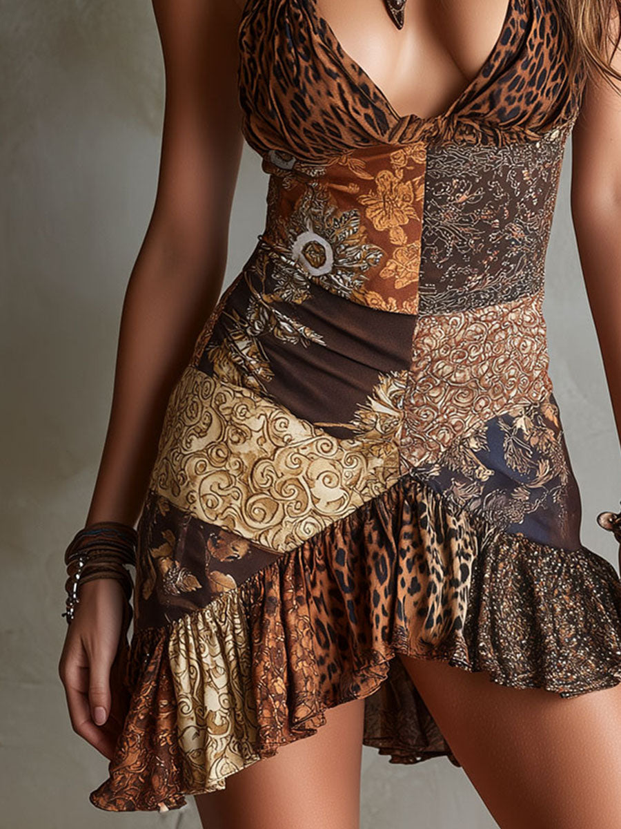 Boho Leopard & Baroque Print Halter Ruffle Hem Mini Dress