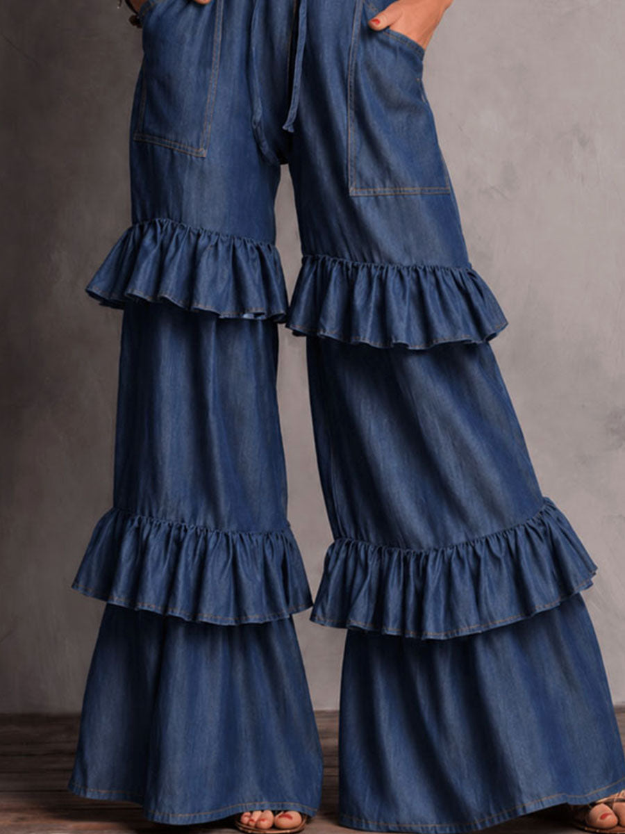 Boho Chambray Ruffle Tie-Waist Wide-Leg Jumpsuit