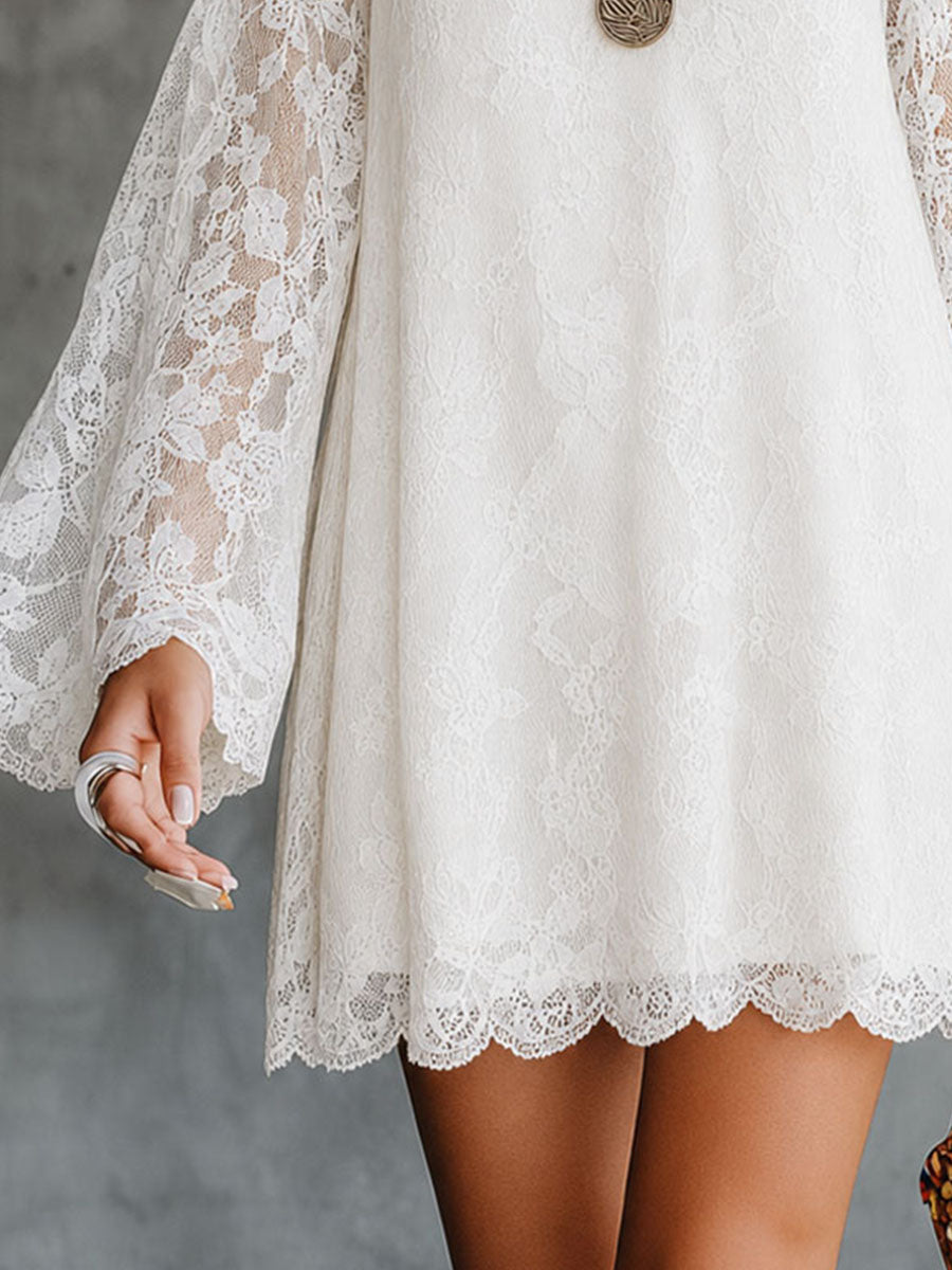 Boho Romantic White Lace Cold-Shoulder Mini Dress With Flared Sleeves