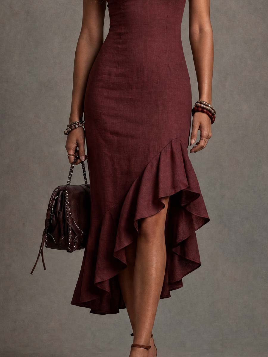 Vintage Cap Sleeves Cotton-linen Midi Dress