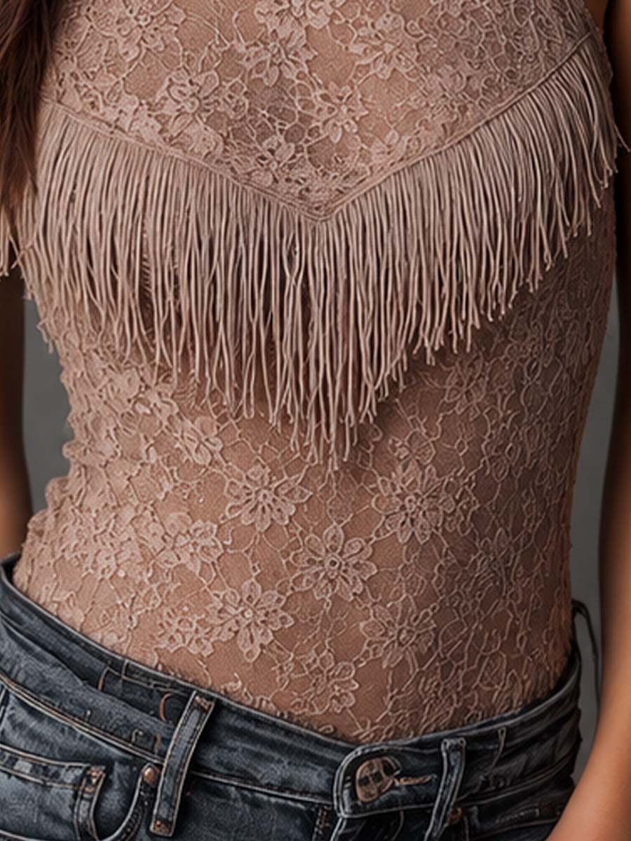 Western Fringe Floral Lace Halter Sleeveless Tank Top