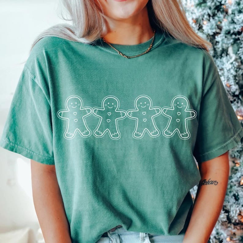 Christmas Gingerbread Man Washed Cotton Crew Neck T-Shirt