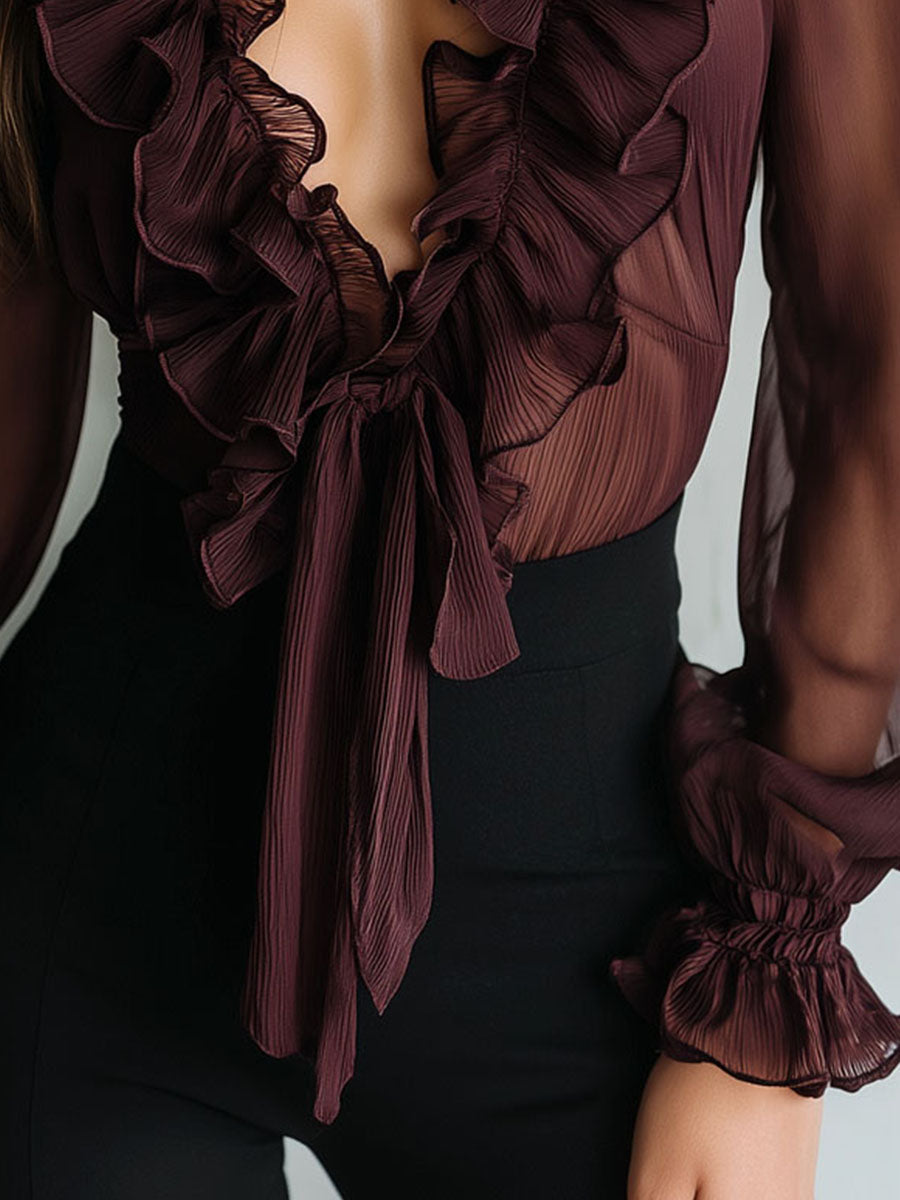 Retro Plum Sheer Ruffled Long Sleeve Tie-Front Chiffon Blouse