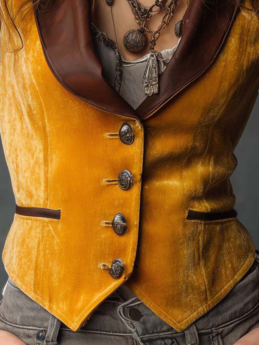 Vintage Velvet Vest With Eco-Leather Lapel