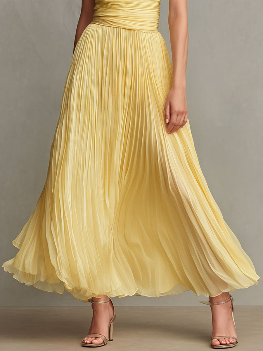 Boho Sunshine Yellow Pleated Cinched Waist Halter Maxi Dress