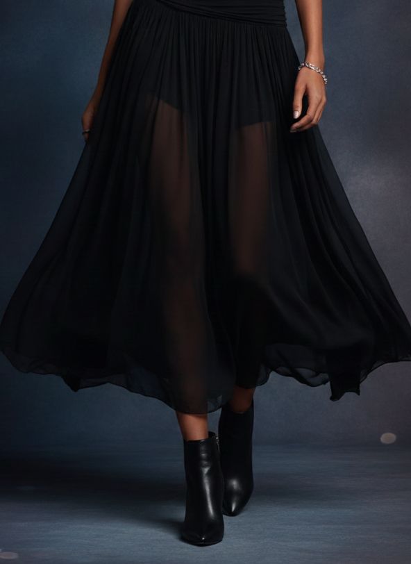Boho Western Black Stretchy Maxi Dress With Sheer Skirt