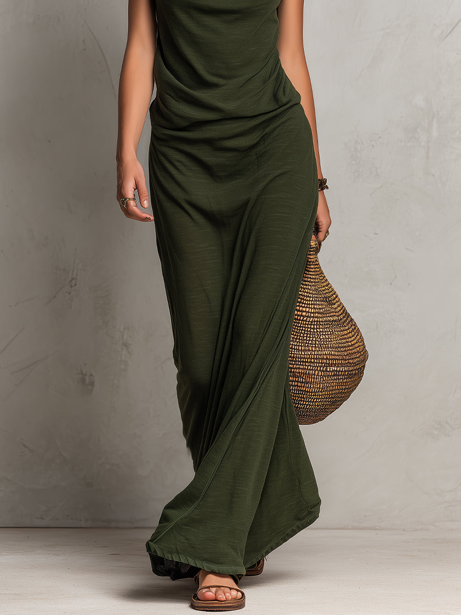 Vintage Cowl Neck Cotton Sleeveless Maxi Dress