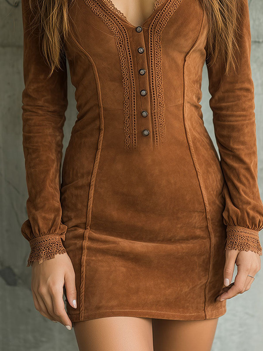 V-Neck Brown Microsuede Lace Trim & Button Mini Dress