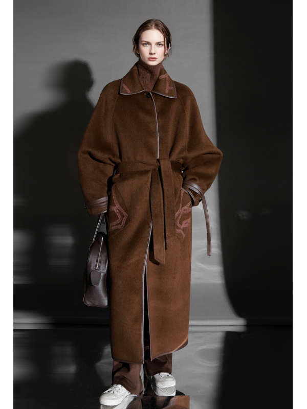 Chain Pattern Wool Coat for Women – Double-Faced Alpaca Wool Overcoat with Leather Trim, Chic Oversized Silhouette Winter Outerwear