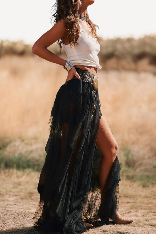 Western rock black tulle maxi skirt