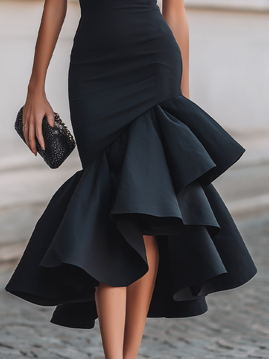 Captivating Poise Asymmetrical Ruffle Mermaid Midi Dress Wedding Guest Perfection