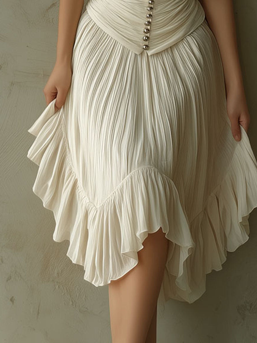 Retro Ivory Pleated Corset Waist Halter Midi Dress