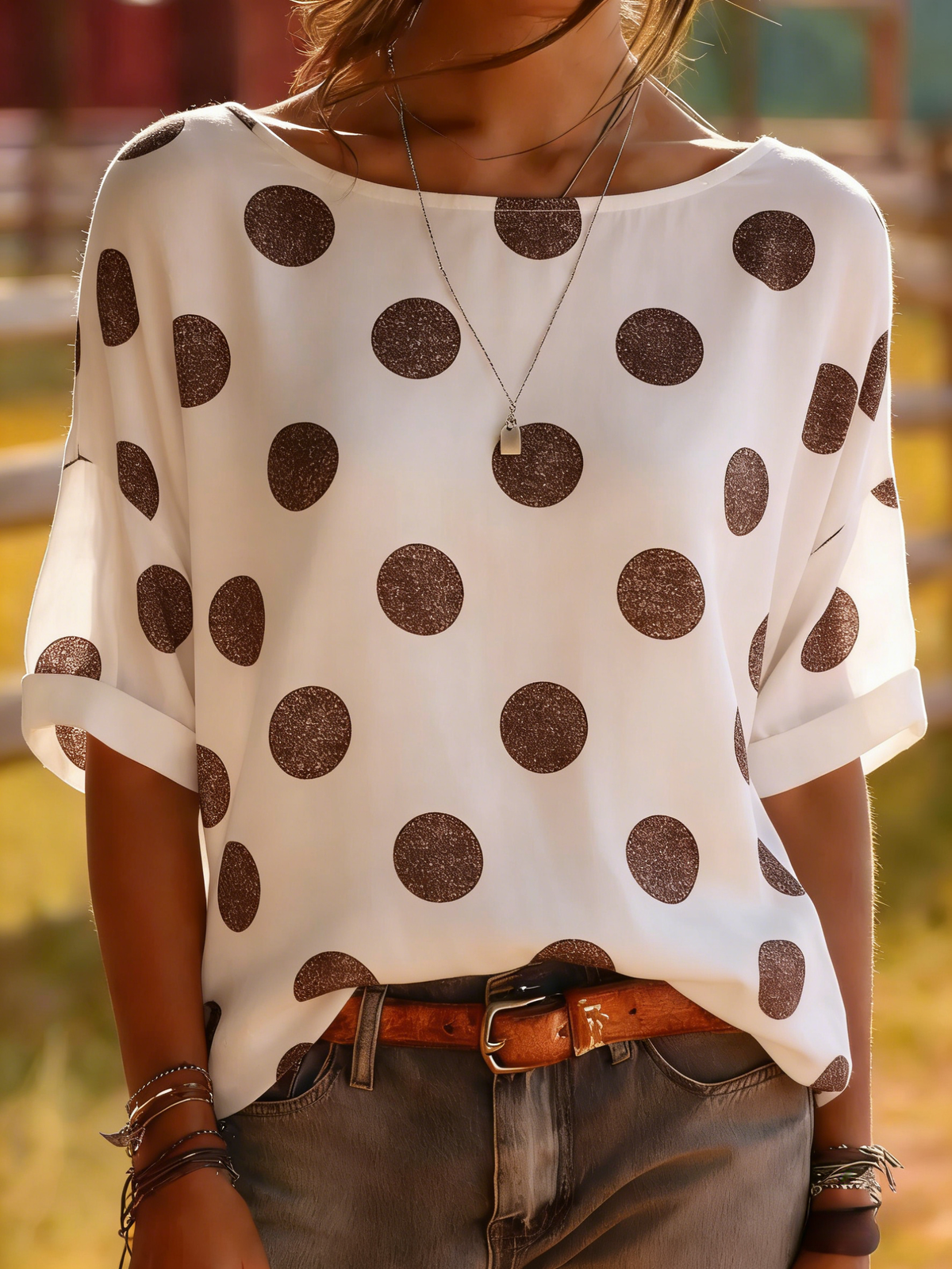 White Polka Dot Medium Sleeve Blouse - Brown Dots Casual Top