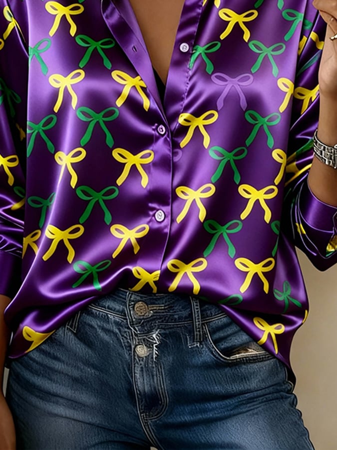 Women'S Casual Lapel Color-Block Printed Shirt