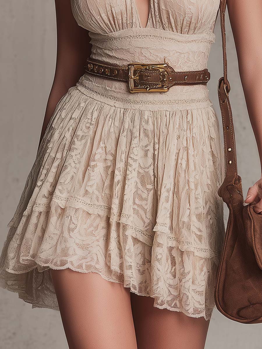 Retro And Exquisite Halter Lace Ruffle Mini Dress