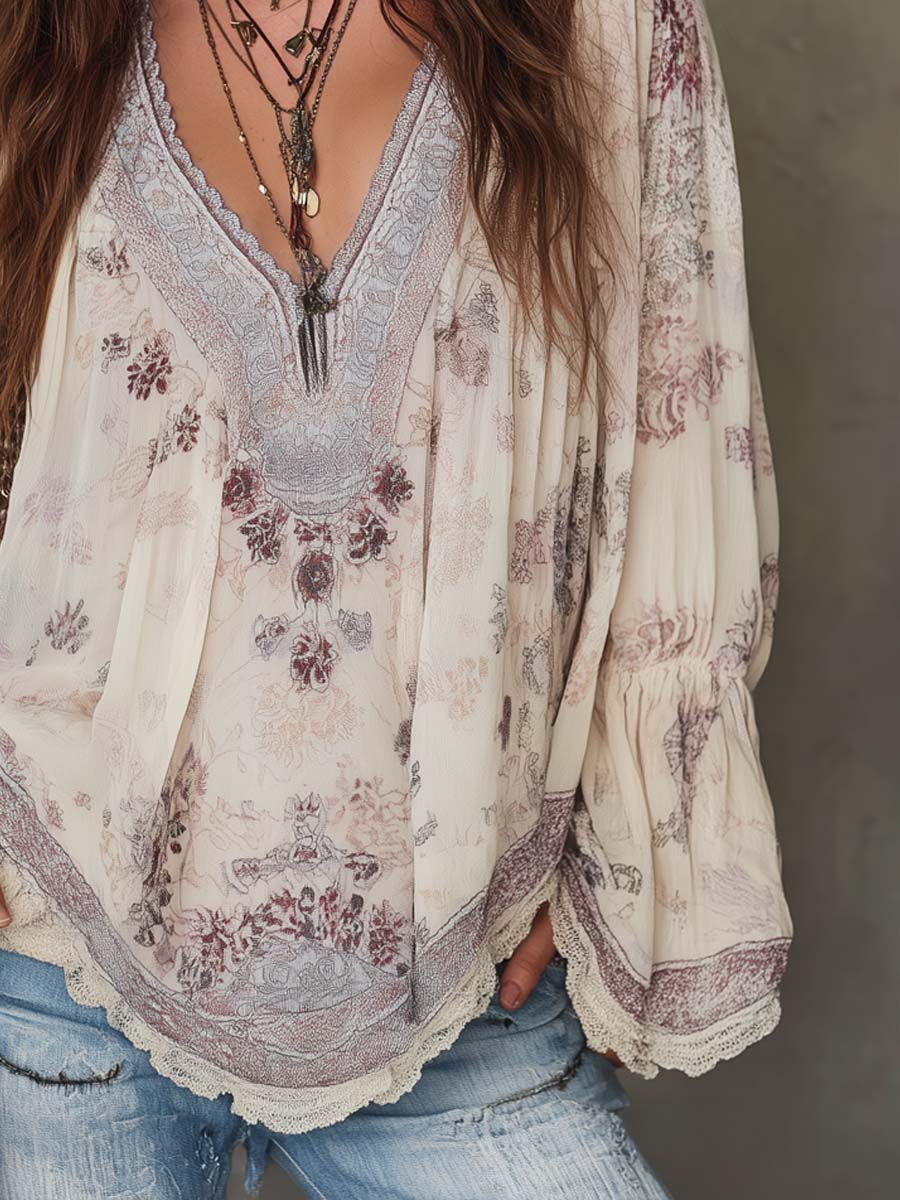 Retro Ethnic Style Trim Floral Chiffon Blouse