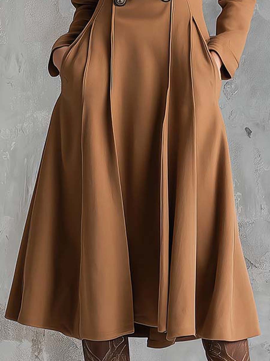 Vintage Camel Double-Breasted Midi Coat Dress