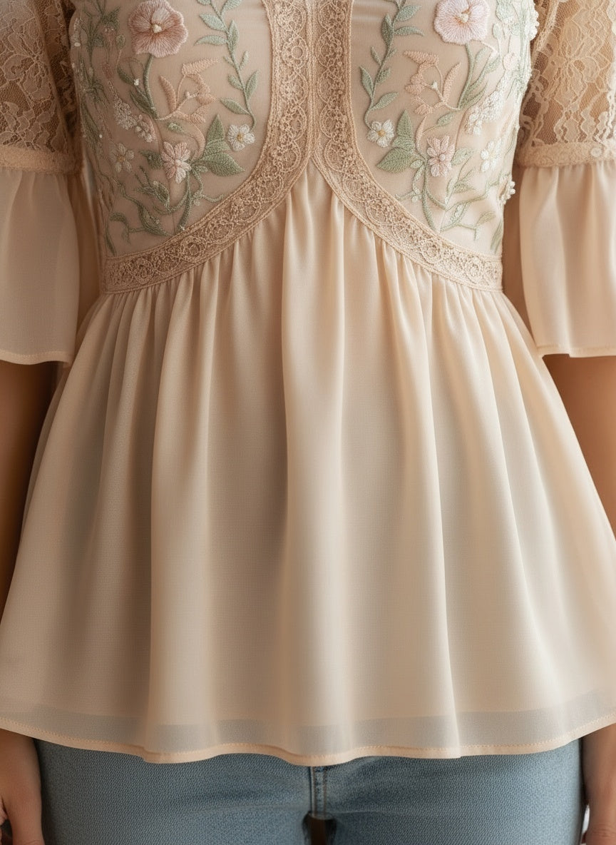 Elegant Floral Embroidered Lace Blouse - Chic V-Neck Design