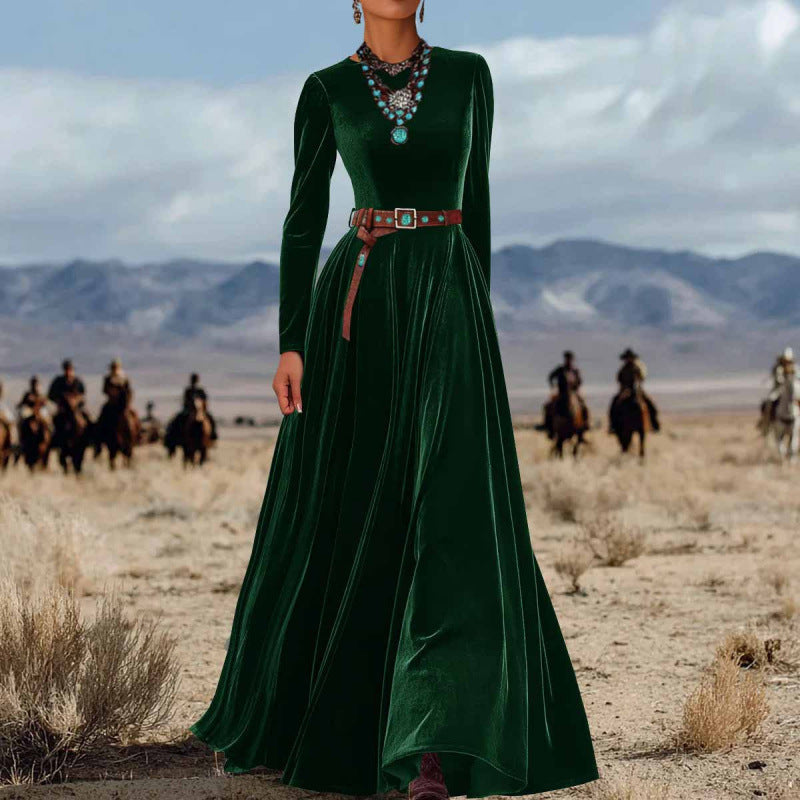 American Western Style Velvet Waist-Cinching Flare Maxi Dress
