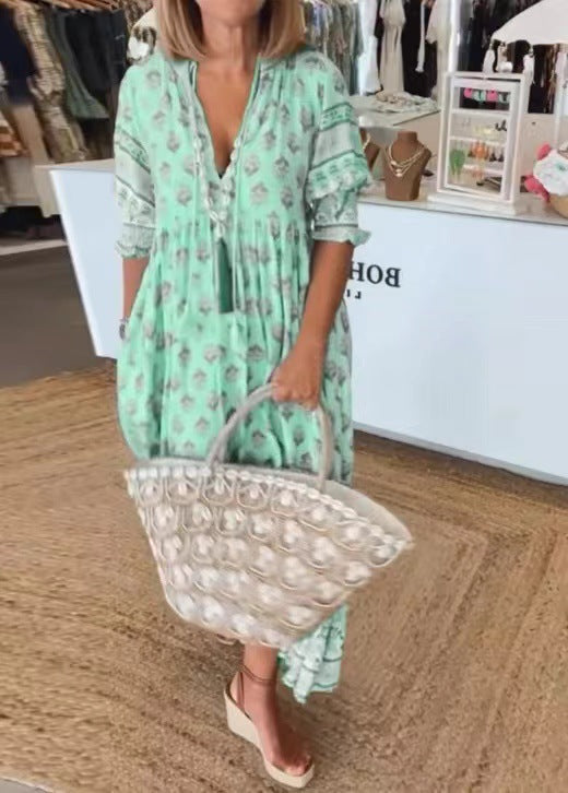 Mint Green Ethnic Printed Tie-Neck Ruffle Tiered Maxi Dress | Boho Vacation Loose Dress