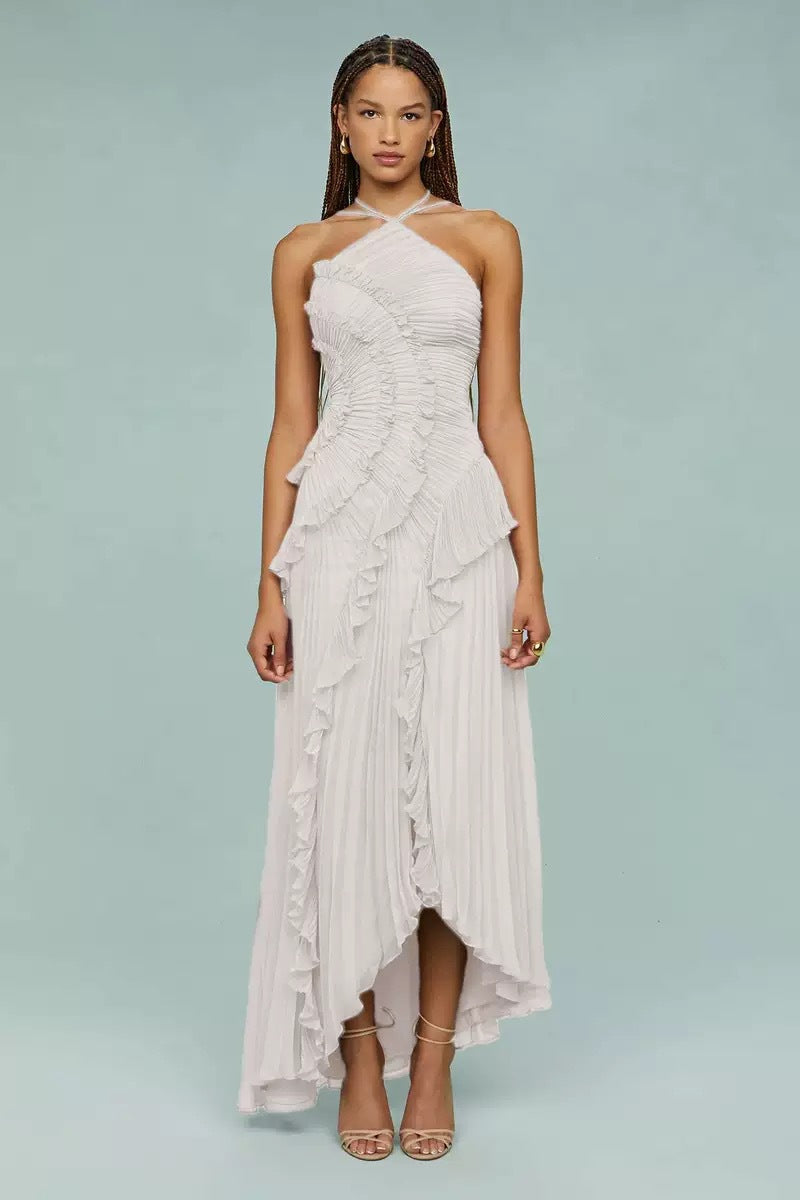Chiffon Dress Women's Ruffled Pleated Design Slimming Midi Dress