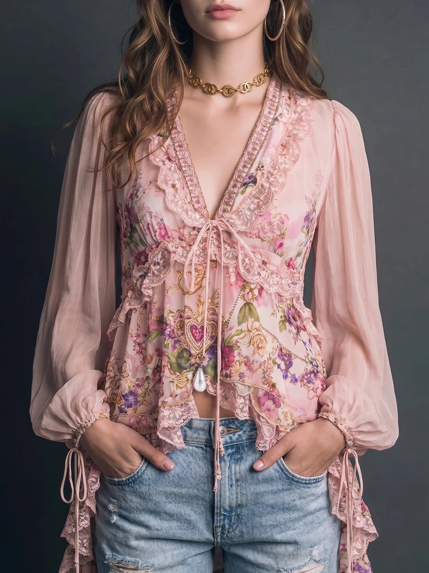 Pink Floral Print Lace Ruffle V-Neck Tie-Front Long Puff Sleeve Peplum Blouse