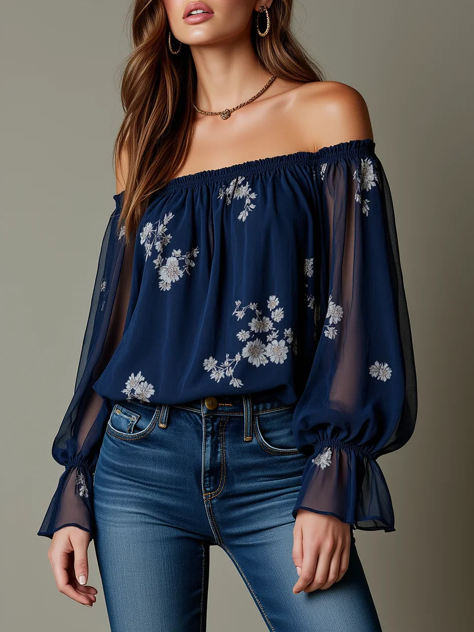 Women Off Shoulder Floral Embroidery Sheer Puff Long Sleeve Chiffon Blouse
