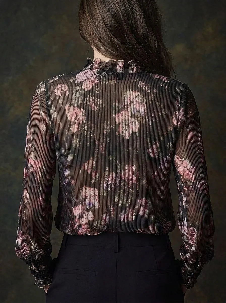 Dark Floral Print Pleated Chiffon Ruffle V-Neck Gold Trim Pearl Button Long Flare Sleeve Blouse
