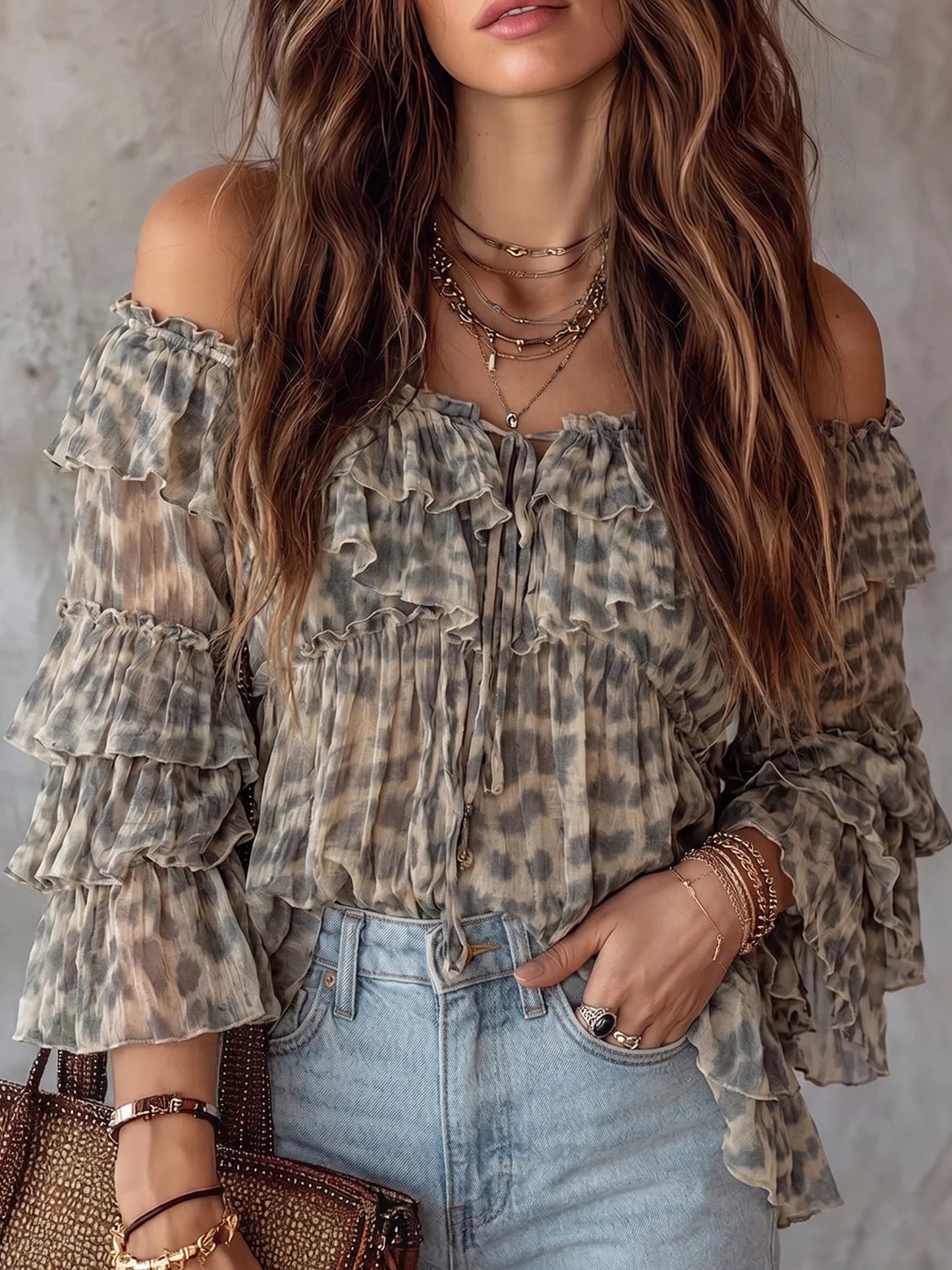 Tie-Dye Leopard Off-Shoulder Ruffle Tiered Long Sleeve Crinkle Chiffon Blouse
