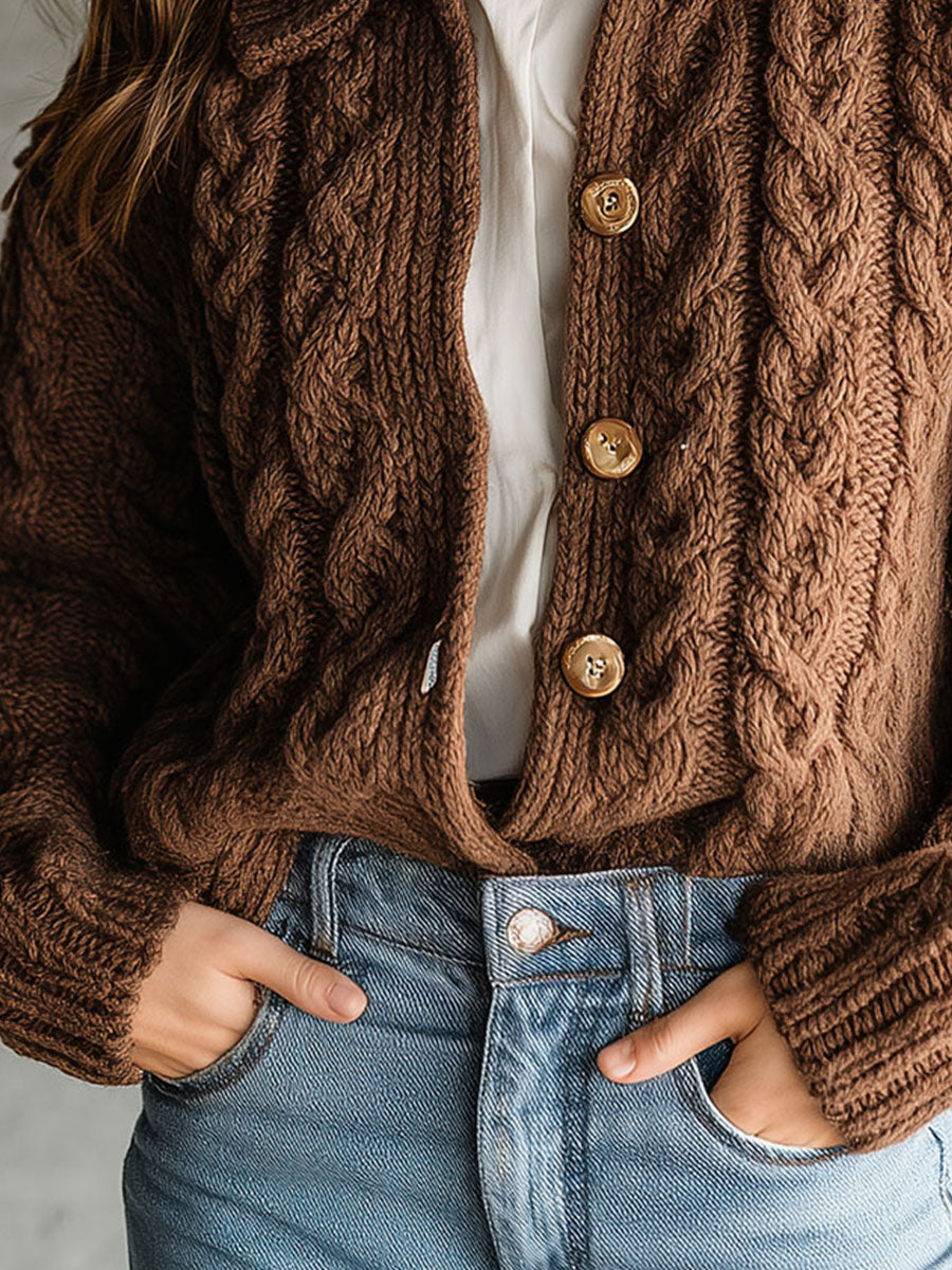 Retro Brown Chunky Cable Knit Cardigan With Collar