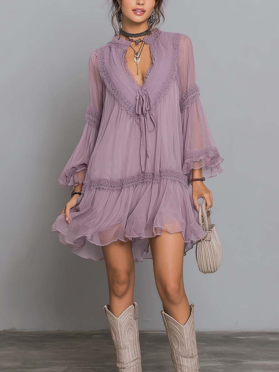 Vintage Lace-Trim Chiffon Mini Dress