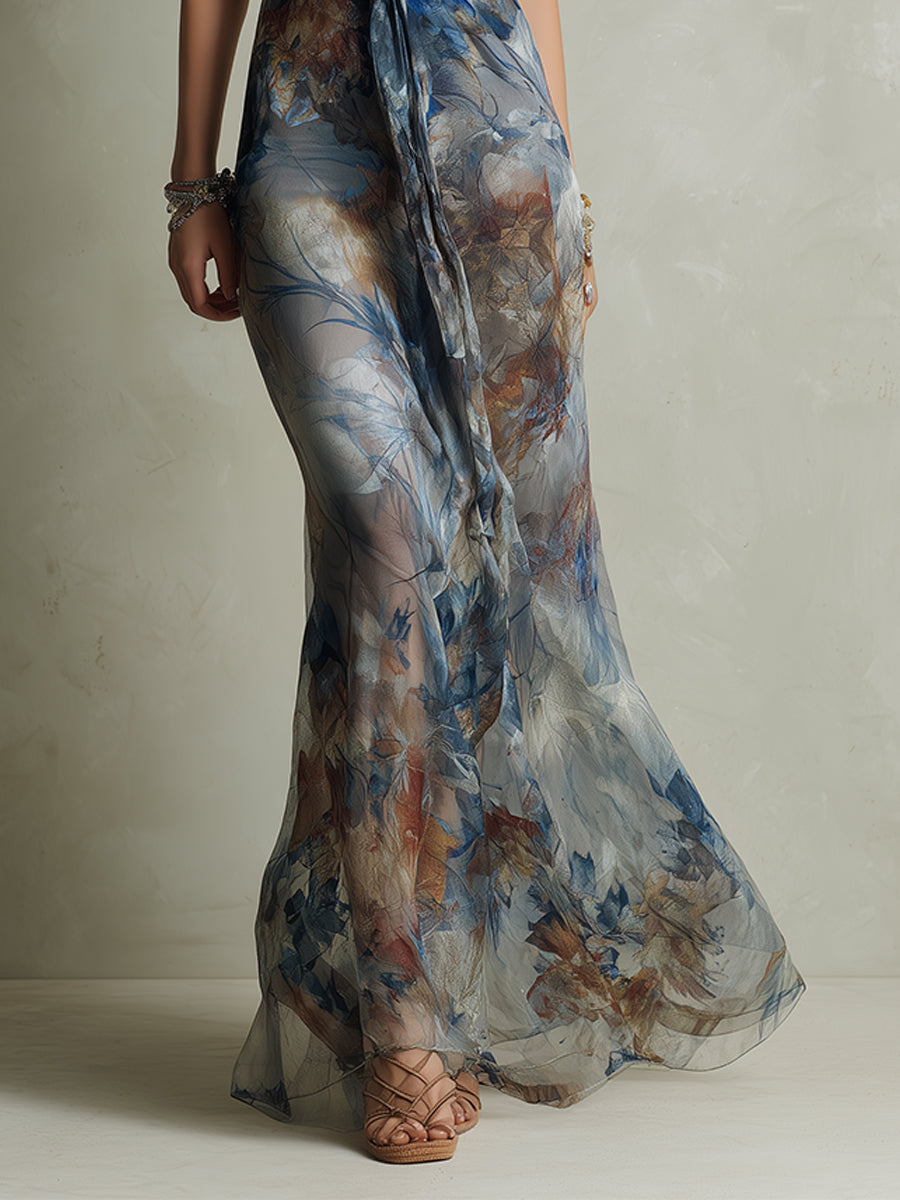 Vintage Holiday Floral Print Chiffon Maxi Dress With Tie-neck Detail