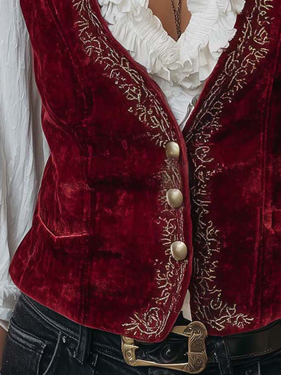 Burgundy Velvet Embroidered Vest With Vintage Gold Buttons