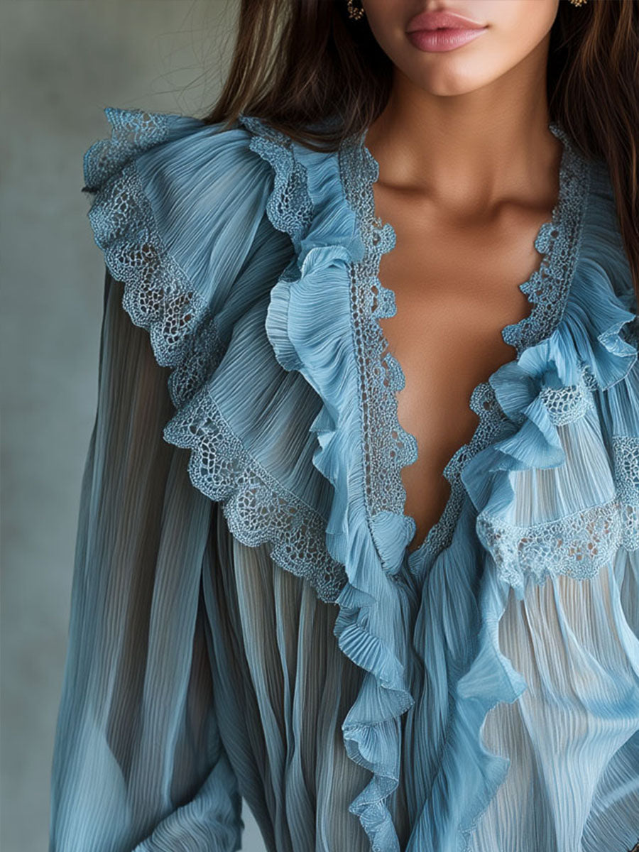 Retro Sky Blue Lace Trim Pleated Chiffon Ruffle Blouse