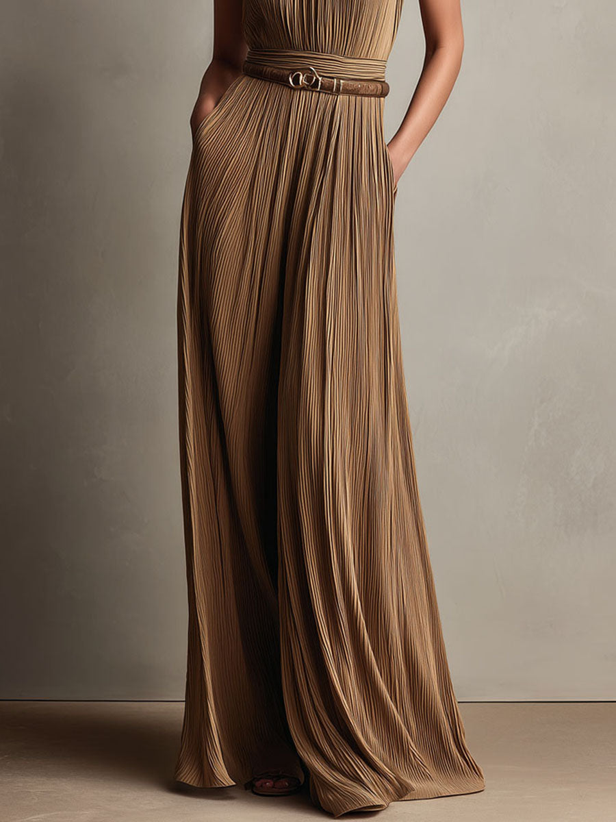 Elegant Bronze Pleated Belted Flowing Maxi Dress